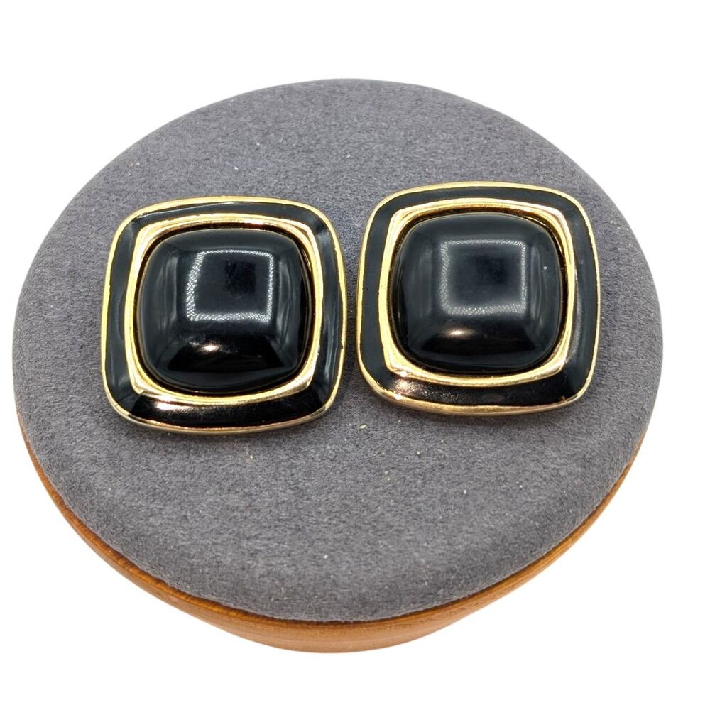 Vintage Black & Gold Tone Square Clip On Earrings